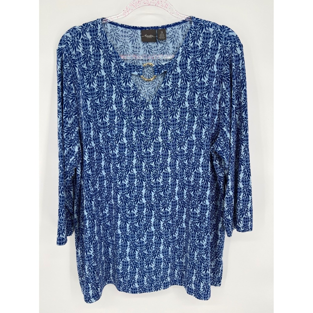 Croft & Barrow Blue Leaf Print 3/4 Sleeve Top with Ring Detail Size 2X